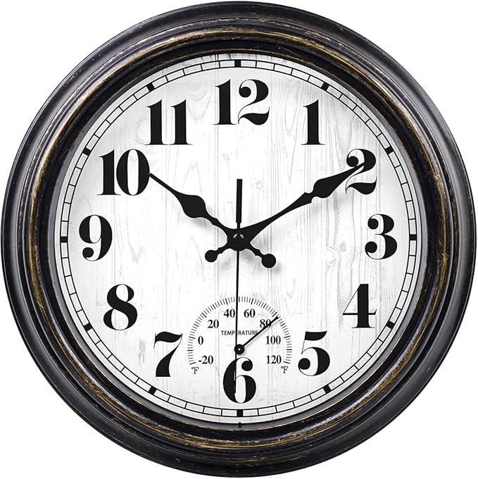 45MinST 12 Inch Indoor/Outdoor Retro Round Waterproof Wall Clock with Thermometer, Silent Non Ticking Battery Operated Quality Quartz Wall Clock Home/Patio Decor(Black Gold)