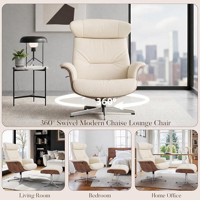 Mid Century Modern Chaise Lounge Chair with Ottoman,Swivel Accent Chair Top Black Full Grain Leather,Walnut Wood,Adjustable Backrest Headrest,Heavy Duty Metal Base for Office,Living Room,Beige
