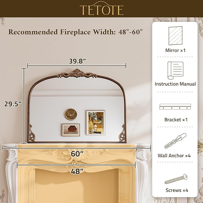 TETOTE Vintage Antique Silver Arched Mirror for Mantle Fireplace 40 x 30 Traditional Baroque French Ornate Wall Mirror with Metal Frame, French Cleat Mount