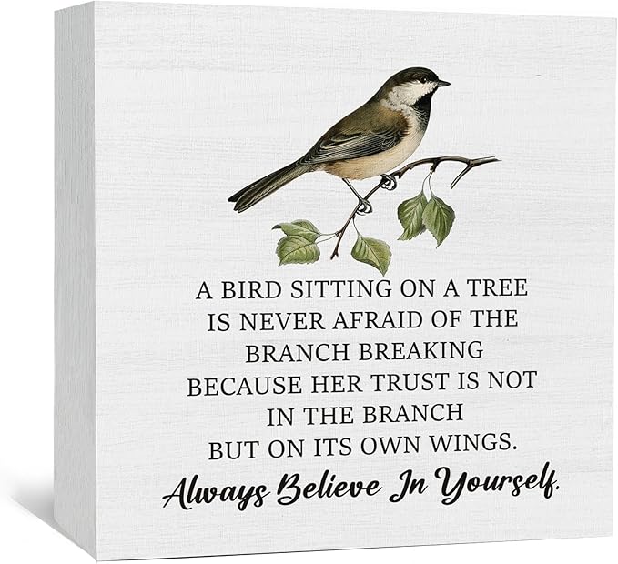 A Bird Sitting on a Tree Is Never Afraid Inspirational Sign - Inspirational Motivational Bird Shelf Desk Decor, Inspirational Motivational Birds Wooden Box Signs Decorative Signs & Plaques