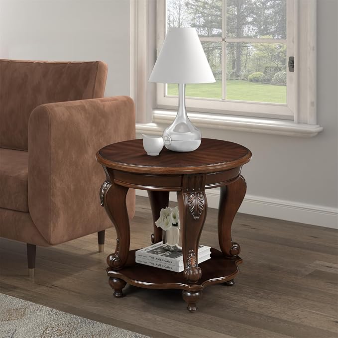 22'' Round End Table Solid Wood Sofa Side Table with Storage Shelf, Living Room Corner Table Retro Accent Table with Cherry Finish, Easy Assemble Round Bedside Table Night Stand for Small Space
