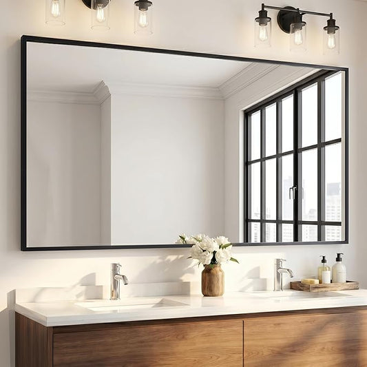 55"x30" Black Landscape Bathroom Mirror for Double Vanity, Shatterproof Tempered Glass, Narrow Metal Frame, Ultra-Flush Wall-Mounted