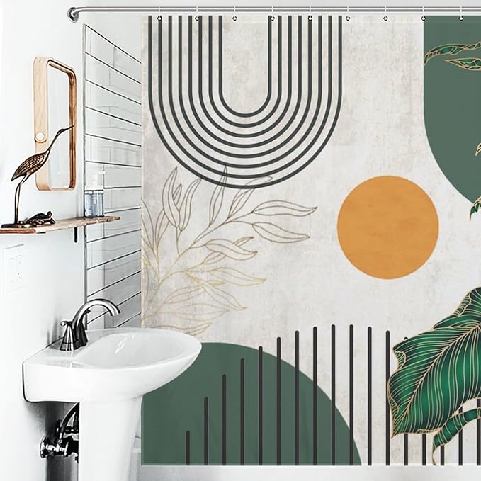 Boho Shower Curtains Abstract Modern Plant Botanical Minimalist Gold Leaf Arch Sun Pattern Duty Fabric Shower Curtain Set Bathroom Polyester Waterproof with 12 Hooks,72x72Inch（183x183cm）