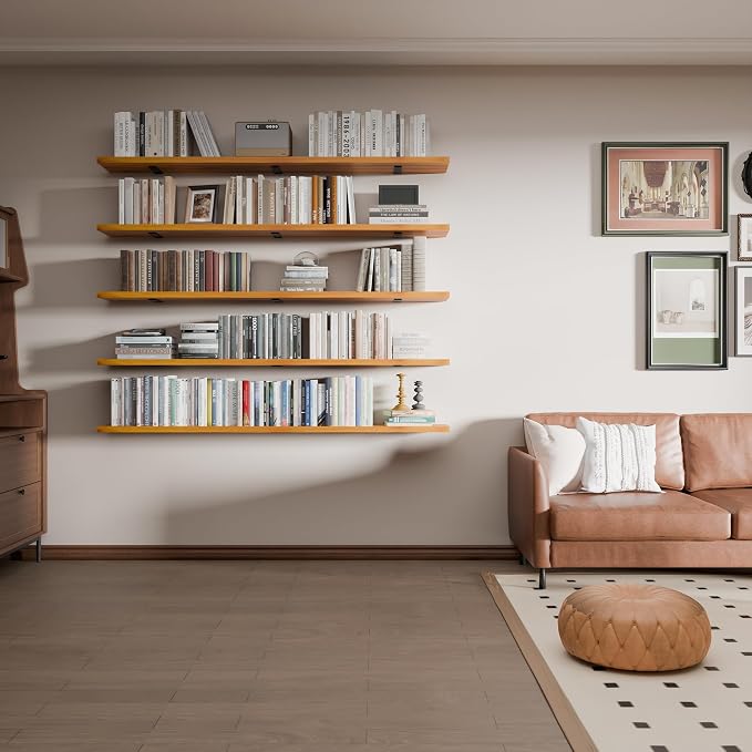 5 Tier Book Shelf,60 inch Long Floating Shelf for Wall,Wall Mounted Bookshelf for Living Room,Solid Wood Rustic Bookcase