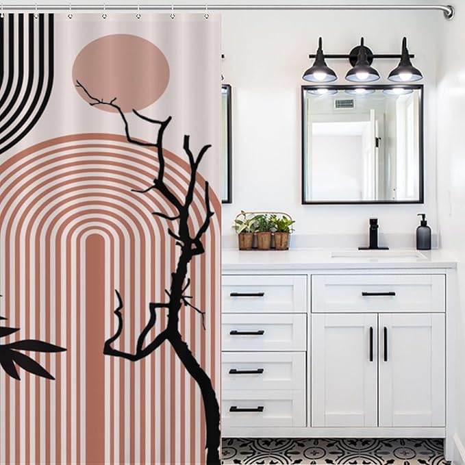 Abstract Mid Century Plant Shower Curtain Boho Retro Tropical Sun Arch Minimalist Modern Aesthetic Geometric Washable Waterproof Fabric for Bathroom Decor Bathtub with 12 Hooks 66x72in（168x183cm）