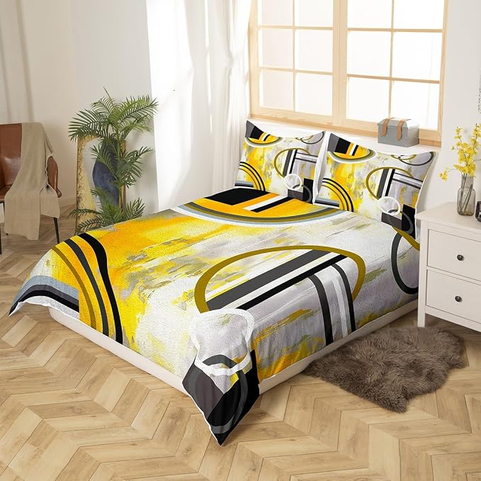 Erosebridal Modern Yellow Black Grey Duvet Cover King,Watercolor Oil Painting Comforter Cover,Circles Bedding Set,Contemporary Artwork Texture Bedroom Decor Bedspread Cover 3Pcs with 2 Pillow Cases