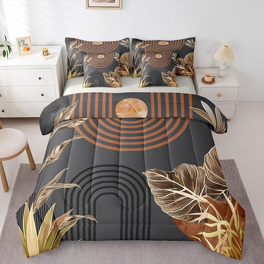 Erosebridal Boho Vintage Bed in A Bag 7 Pcs Mid Century Aesthetic Comforter Set for Kids Boys Girls Retro Tropical Abstract Bedding Sets Full Minimalist Simple Arch Sun Plant Sheet Set with Comforter