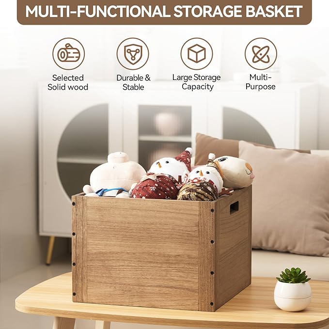 KIRIGEN Stackable Wood Storage Cube, Modular Open Cubby Bin with Handles for Books, Toys, Clothes, Closet, Bedroom, Pantry, and Home Office, Assembly Required, 14.17 x 14.17 x 10.31 Inch, F26-DBR