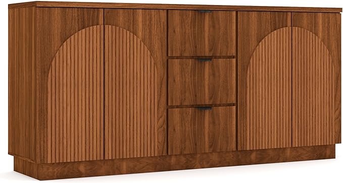 Brafab 67" Mid Century Modern Style Storage Sideboard with 4 Arched Reeded Design Doors and 3 Drawers with Adjustable Shelves, Suitable for Living Rooms, Studies and Dining Rooms (Walnut, 1 PCS)