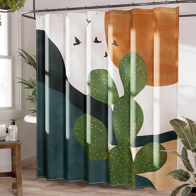 AmazerBath Boho Shower Curtain, 72x72 Washable Cloth Sage Cactus Shower Curtains for Bathroom, Fabric Rustic Neutral Shower Curtain Set with Hooks, Abstratic Modern Camper RV Dorm Stall Shower Curtain
