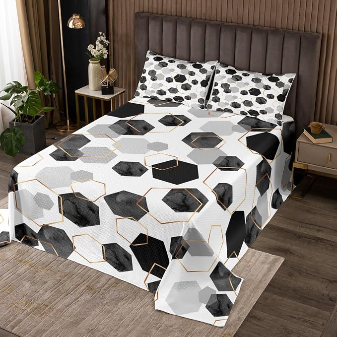 Erosebridal Black and Grey Quilt Set for Bedroom - Marbling Geometric Art Kids Coverlet Set, Minimalist Abstract Golden Striped Bedspread Sets for Home Decor, Twin 2 Pieces