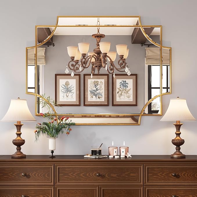Kelly Miller Large Gold Decorative Mirror for Wall, 30"x40" Gold Bathroom Mirror Rectangle Vanity Wall Mirror Beveled for Master Bath Half Bath Living Room Bedroom Farmhouse Fireplace Hallway