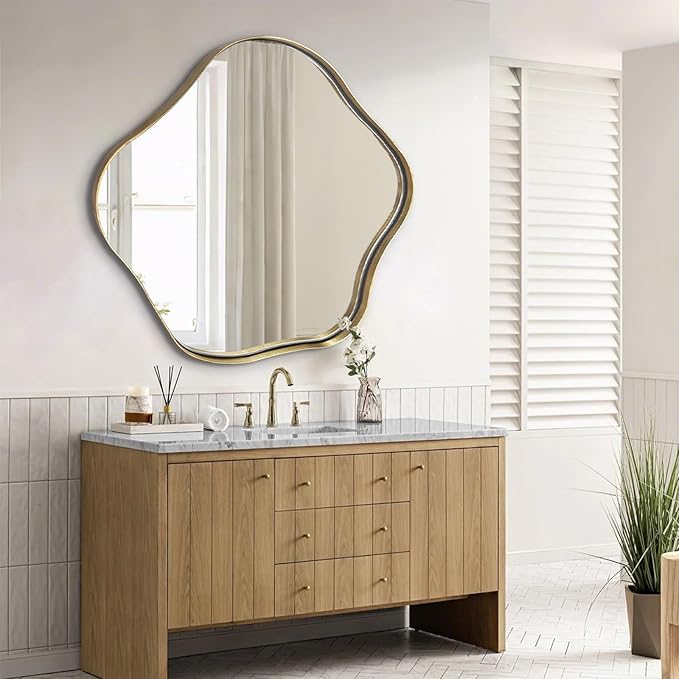 Gold Irregular Shaped Mirror, 35" Asymmetrical Mirrors for Wall, Large Scalloped Mirror Decorative, Modern Wavy Round Mirrors for Living Room Bathroom Bedroom Hallway Entryway Fireplace