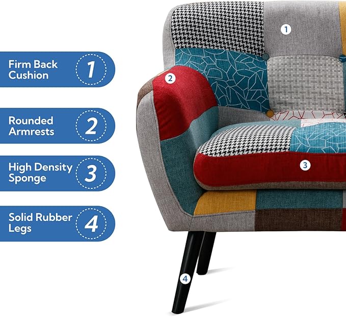 Bonzy Home Modern Oversized Accent Chair for Living Room, Colorful Boho Linen Fabric Upholstered Armchair with Wood Legs, Single Chair