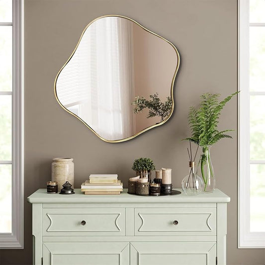 Asymmetrical Wall Mirror, 24" Irregular Shaped Mirror with Gold Frame, Wavy Round Mirrors Decorative, Modern Scalloped Mirrors for Living Room Bathroom Bedroom Hallway Entryway Fireplace