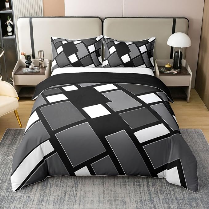 Erosebridal Black Gray Geometric 100% Cotton Duvet Cover Queen Plaid Abstract Art Bedding Set for Kids Teens Adults Black Checkered Striped Comforter Cover Grids Modern Artistic Bed Set 3 Pcs