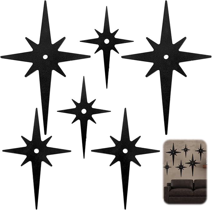 Yalikop 6 Pcs Mid Century Modern Starburst Wall Art Decor 8 Pointed Hangings Wooden Stars Whimsigoth Modern Retro Midcentury Wall Art for Home Bedroom Bathroom Office(Black)