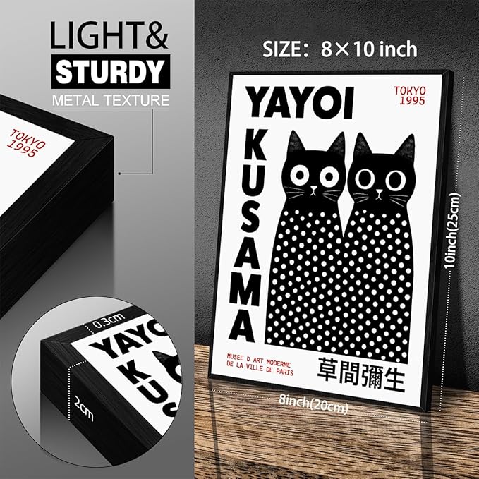 Black and White Cute Abstract Cat Wall Art Japanese Yayoi Kusama Canvas Poster 08x10 inch Black Framed Modern Fashion Minimalist Painting for Living Room Wall Decor Cat Lover Gifts