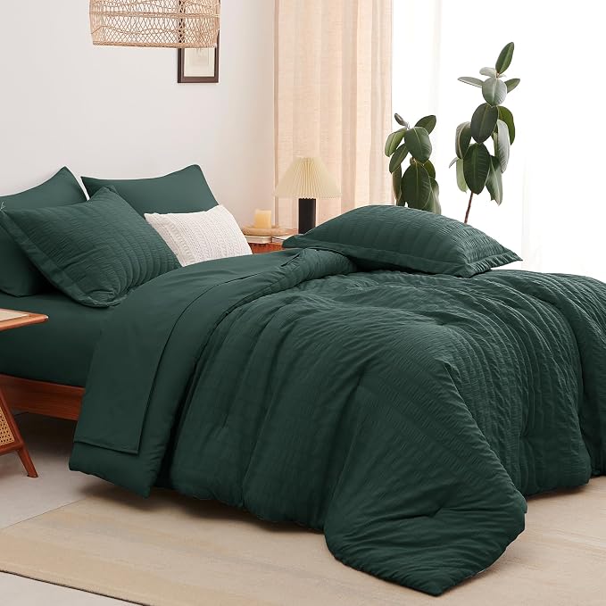 CozyLux King Size Comforter Set Forest Green, 7 Pieces Seersucker Textured Luxury Bed in a Bag, All Seasons Soft Bedding Sets with Down Alternative Comforter, Sheets, Pillowcases & Shams, Home Gift