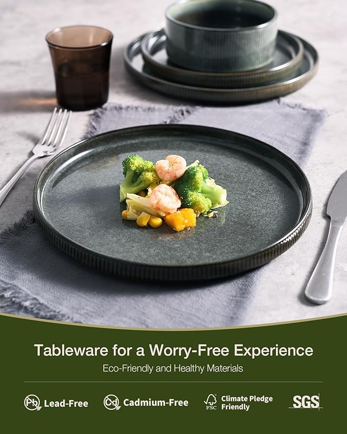 Famiware Star Dinnerware Set, Plates and Bowls Sets for 8 (24pcs), Ribbed Stoneware Dishes - Chip & Scratch Resistant, Microwave & Dishwasher Safe, Deep Forest