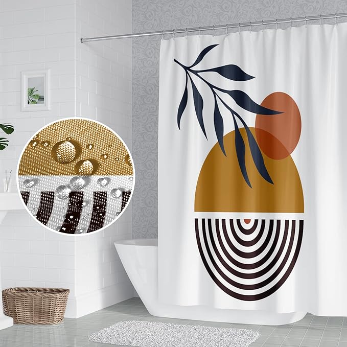 Mid Century Bohemian Bathroom Shower Curtain - Abstract Circle Eucalyptus Leaves Sun Boho Design With Hooks, Waterproof Fabric Polyester, Aesthetics Home Decor, 72x96 Inch