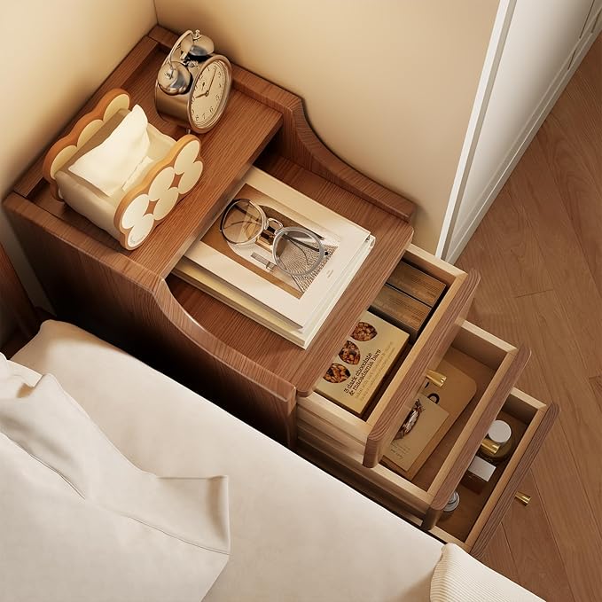 Solid Wood Narrow Nightstand with Drawers,Walnut Nightstand Wood Bedside Table Modern for Bedroom,Study,Toilet