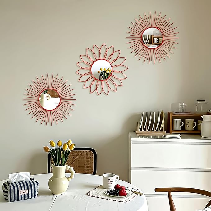 3 Pack Metal Mirrors for Wall Sunburst Wall Mirrors Home Décor Decorative Hanging Wall Art for Living Room Bedroom Entryway (Red, Flower+Sunburst)