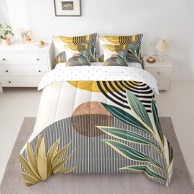 Erosebridal Mid Century Comforter Set King Size Contemporary Bohemian 7 Pcs Bedding Sets,Modern Abstract Stripes Bed in a Bag Geometric Retro Minimalism Quilt with Flat Fitted Sheet,Yellow