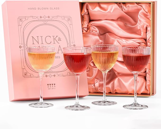 Vintage Art Deco Nick and Nora Cocktail Glasses – 5 oz Crystal Ribbed Coupe Glassware for Martinis, Manhattans & Classic Gin Drinks | Great Gatsby & The Thin Man Inspired Barware Gift Set of 4