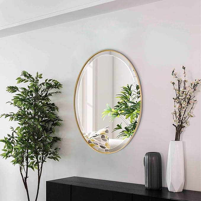 POZINO Brush Oval Vanity Mirror, 20"x28" Gold Mirror for Over Sink, Modern Rounded Mirrors with Stainless Steel Frame, Brass Beveled Mirrors for Bathroom Bedroom Living Room, Horizontal Or Vertical