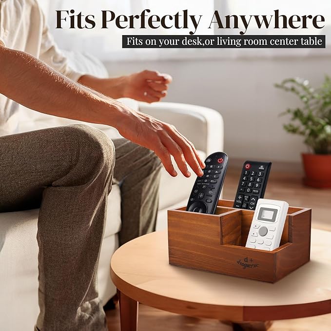 Flexzion Rustic Wooden Pencil Holder for Office - 3 Slots - Desk and Table Storage Organizer - Multifunctional Remote Control Holder for Home, School and Office