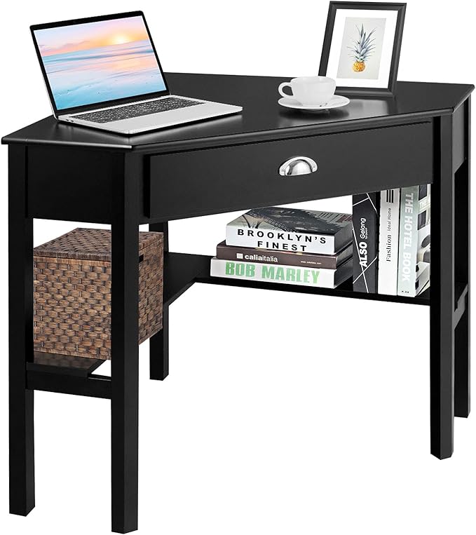 Nightcore Corner Desk for Small Space, Wood Corner Computer Desk, Compact Writing Table w/Drawer & Storage Shelves, Space Saving Study Workstation, Laptop PC Corner Table for Home Office