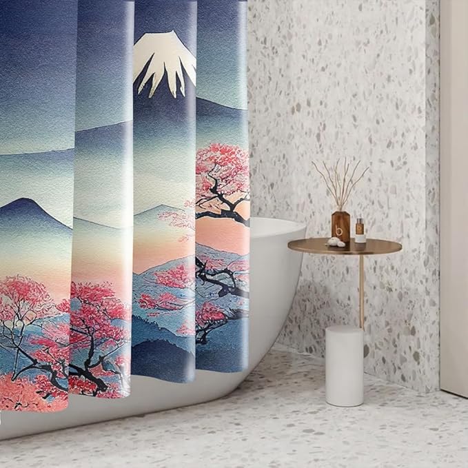Mount Fuji Shower Curtain Japan Famous Landscape Cherry Flower Mountains Abstract Scenery Shower Curtains for Bathroom Accessories Waterproof Polyester Fabric with Hooks, 65 x 72 Inch