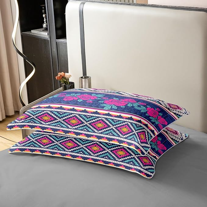 100% Cotton Roses Duvet Cover Full Ethnic Bedding Set Boho Purple Floral Comforter Cover Geometric Tribal Country Flowers Aztec Bedroom Decor Romantic Geometric Bohemian Quilt Cover for Women Girls