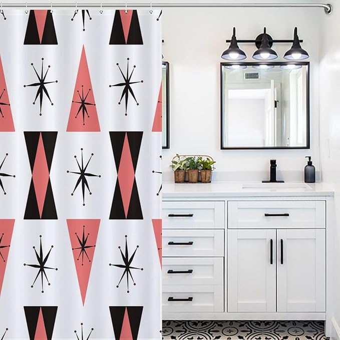 Retro 50s Shower Curtain Atomic Mid Century Black White Coral Pink Colors Pattern Duty Fabric Shower Curtains Set Bathroom Polyester Waterproof with 12 Hooks,72x72Inch（183x183cm）