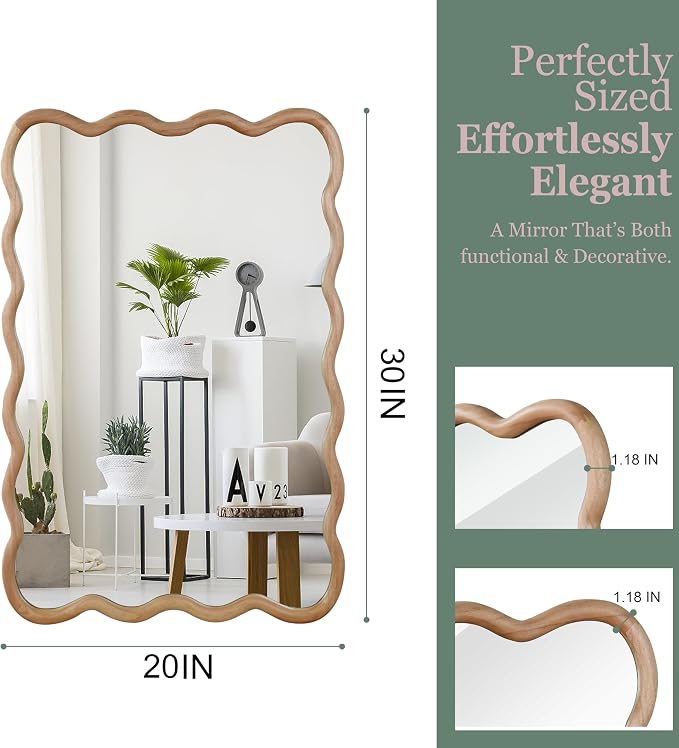 30x20 Inch Wooden Wavy Rectangle Wall Mirror, Modern Solid Wood Frame Decorative Accent Mirror for Bedroom, Bathroom, Living Room, Entryway, Natural Wood Color