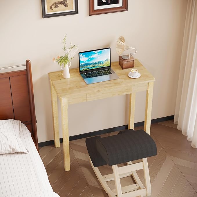 Solid Wooden Desk with Drawers - 32 x 16 Inch Narrow Desks for Small Spaces, Rubberwood Simple Study Table, Small Writing Desk for Bedroom - Natural Boho Desks