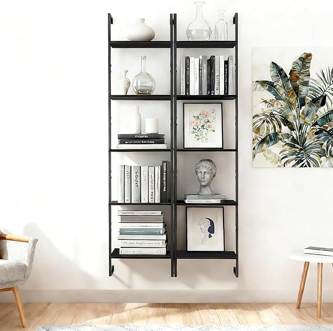 5 Tier Industrial Ladder Bookshelf 15.74" Dx9.44 Wx62.99 H, Wall Mounted Bookcase with Metal Frame for Home Office, Living Room, Study，Black