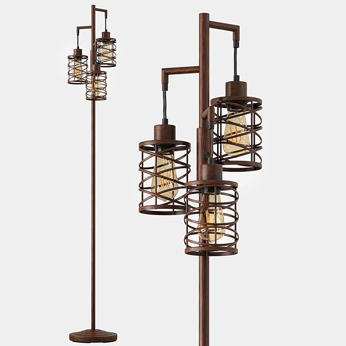 BOBOMOMO 70" Farmhouse Dimmable Floor Lamp, Walnut Brown Industrial Metal Cage Standing Lamp with 3 LED Bulbs, Stepless Dimming Tall Tree Lamp for Living Room, Bedroom, Office, Corner