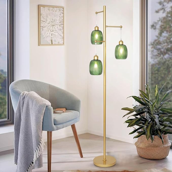 Gold Floor Lamps for Living Room, Boho Green Glass Flower Floor Lamp with 3 Led Bulb, Mid Century Modern 3 Light Brass Tall Lamps Farmhouse Standing Lamp Tree Floor Lamps for Bedroom,Office,Corner