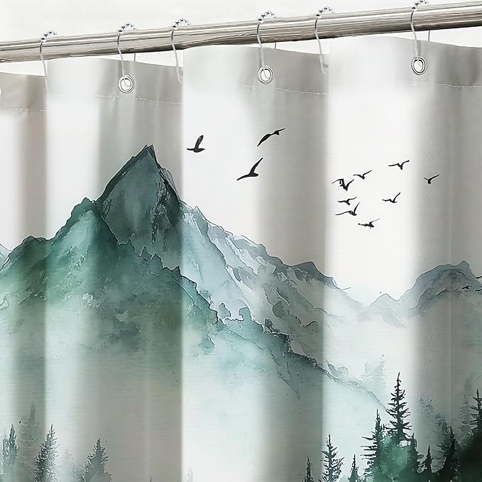 Mountain Tree Shower Curtain Watercolor Landscape Shower Curtains for Bathroom Waterproof Fabric Bath Curtain Decor with Hooks