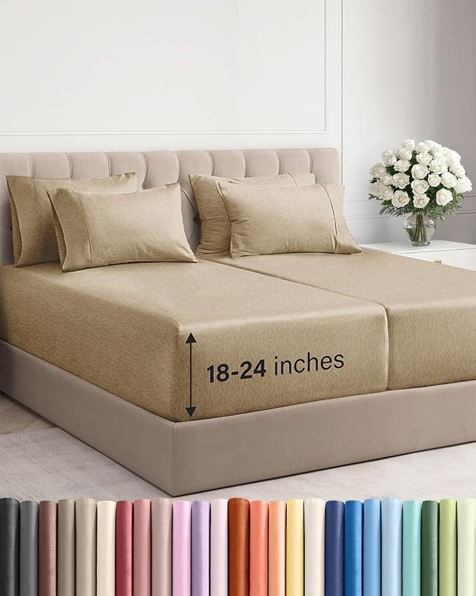 Extra Deep Split King Sheet Set - 7 Piece Breathable and Cooling Sheets - Hotel Luxury Bedding for Women, Men, Kids & Teens - Easy Secure Fit - Soft & Wrinkle Free - Extra Deep Pockets - Heathered Tan
