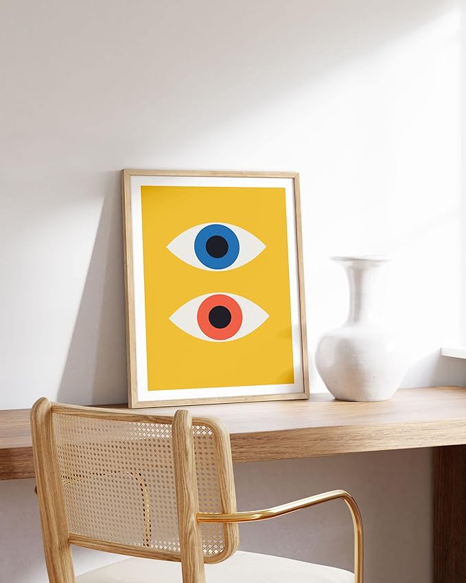 HAUS AND HUES Mid Century Modern Wall Art - Retro Evil Eye Decor, Bauhaus Yellow Wall Art, Large Abstract Art Print (Beige Frame, 16x20)