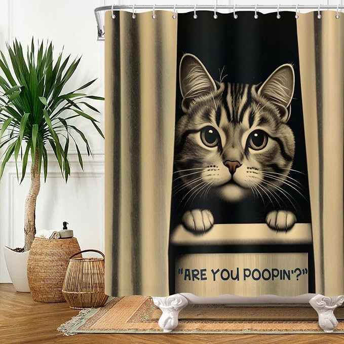 Cat Shower Curtains Cute are You Poopin' Funny Humorous Animal Whimsical Bathroom Curtain Curious Joke Cat Shower Curtain Sets for Bathroom Extra Long 72x108 in with 12 Hooks