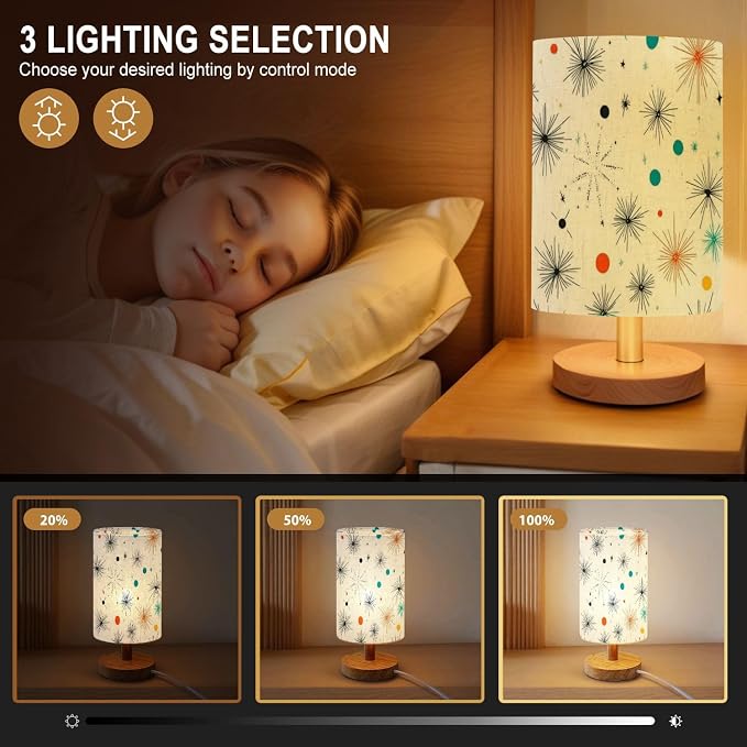 Bedside Table Lamp Seamless 50s Retro Pattern Atomic Starbust Mid Century Modern 16-Way Dimmable Small Desk Lamp with Round Flaxen Fabric Shade for Nightstand Bedroom Living Room Home Decor
