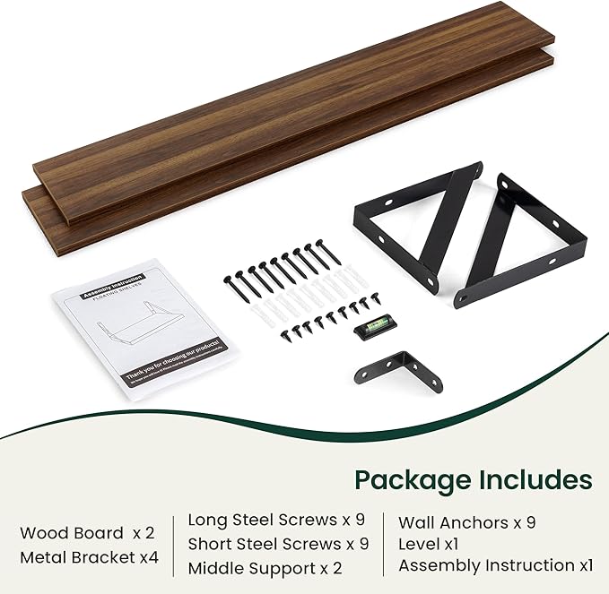 Floating Shelves, 8 Inch Deep Rustic Wood Wall Storage, 48W x 8D Wall Shelves Set of 2, Heavy Duty Metal Brackets, Industrial Book Shelf for Living Room, Kitchen, Bathroom, Bedroom, Walnut