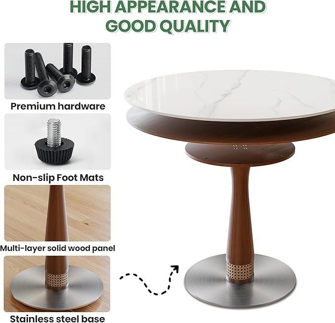 39” Round Dining Table with Solid Wood Base, White Sintered Stone Tabletop, Scratch and Heat Resistant, Modern Marble Table for Kitchen, Dining Room (White 39.37"+19.69" Lazy Susan)