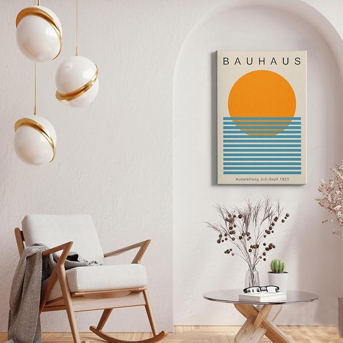 Bauhaus Canvas Wall Art Sunrise Sunset Pictures Boho Sun Artwork Mid Century Modern Painting Geometric Gallery Wall Art Bauhaus Exhibition Poster Abstract Minimalist Prints 16x24inch Wood Framed