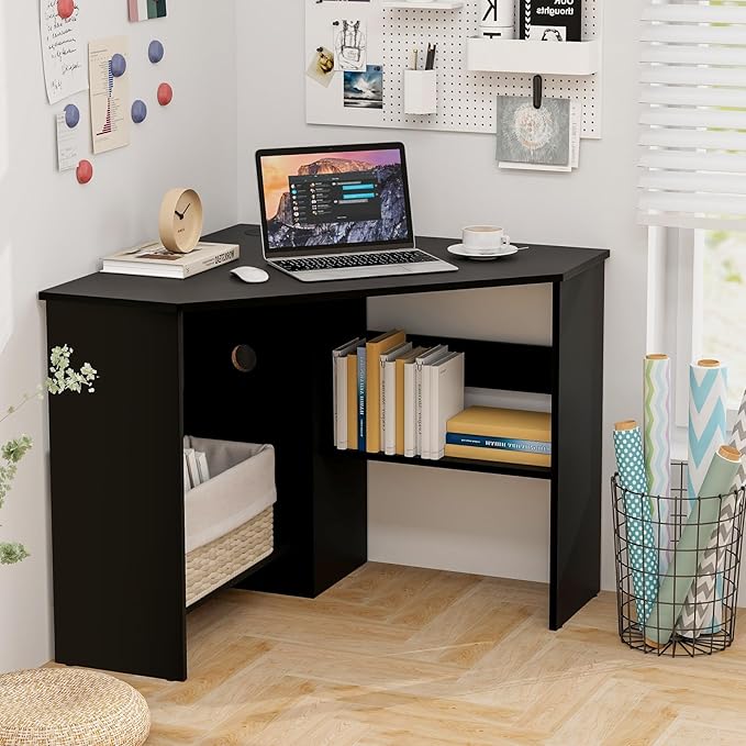LDAILY Corner Desk, Space Saving 90 Degree Triangle Computer Desk with Storage Shelves & Cable Holes, Wood Compact Corner Writing Table for Small Spaces, Home Office, Bedroom & Living Room, Black