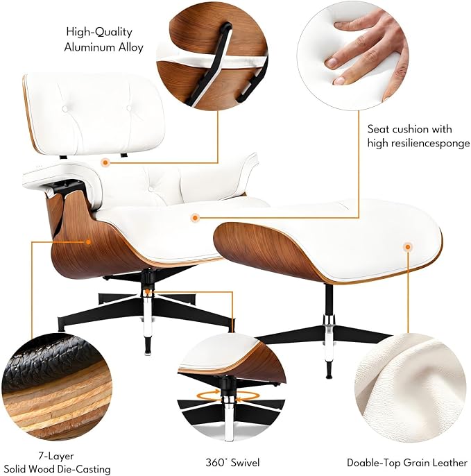 Top Grain Leather,Mid Century Chaise Lounge Chair and Ottoman, Reading Chair, Leather Accent Chair, Modern Chair, Classic Design, Heavy Duty Base Support for Living Room Lounge Office